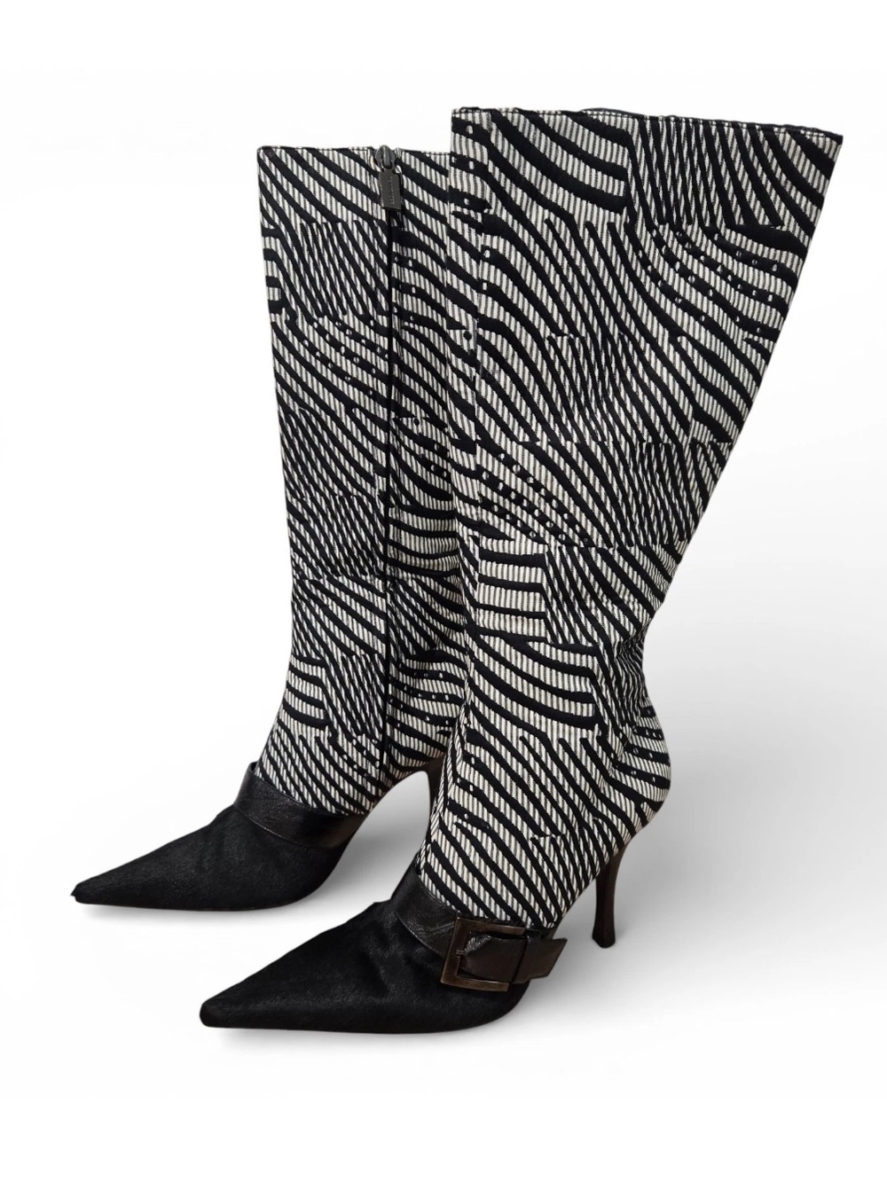 Bruno Magli Black and WhiteMid Calf High Cow hair Twill Pointed Toe Heels Sz 6.5